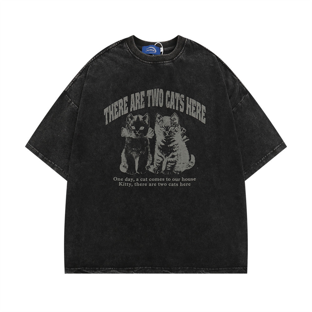 Summer Cotton Short Sleeve Kitten Print Casual T-Shirt for Men