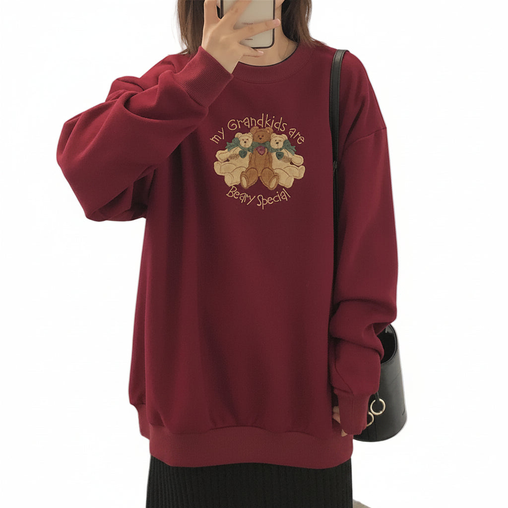 Women’s Cartoon Embroidered Loose Fit Fleece Sweater