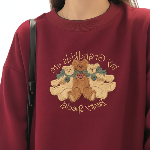 Women’s Cartoon Embroidered Loose Fit Fleece Sweater