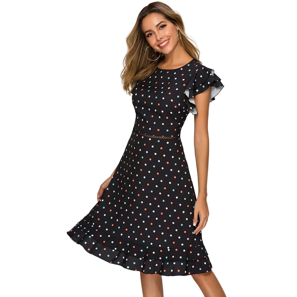 Women’s Elegant Polka Dot Ruffle Midi Dress