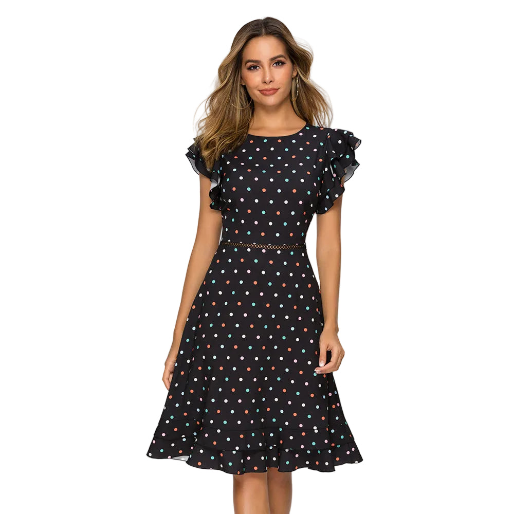 Women’s Elegant Polka Dot Ruffle Midi Dress