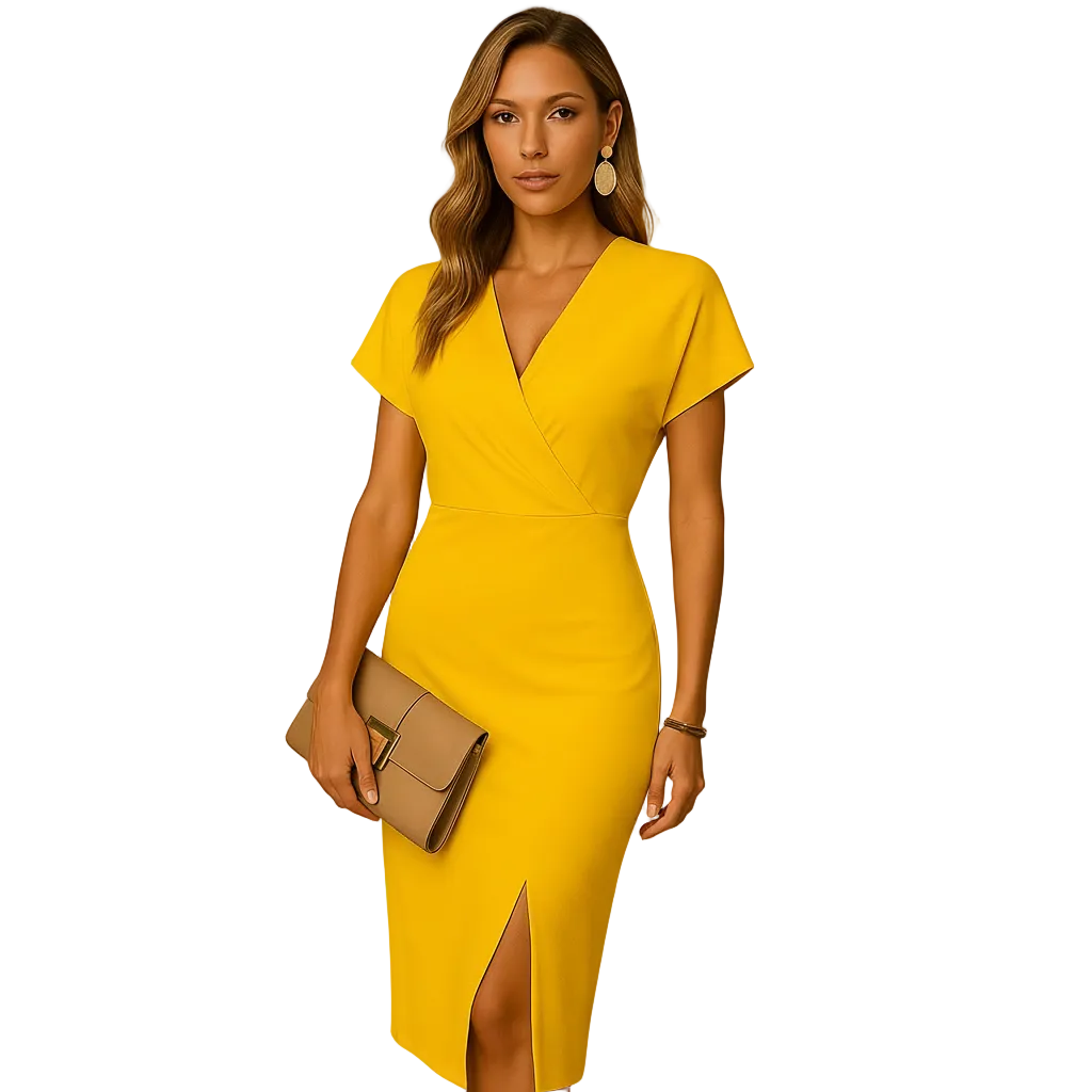 Women’s Elegant V-Neck Midi Dress With Front Slit