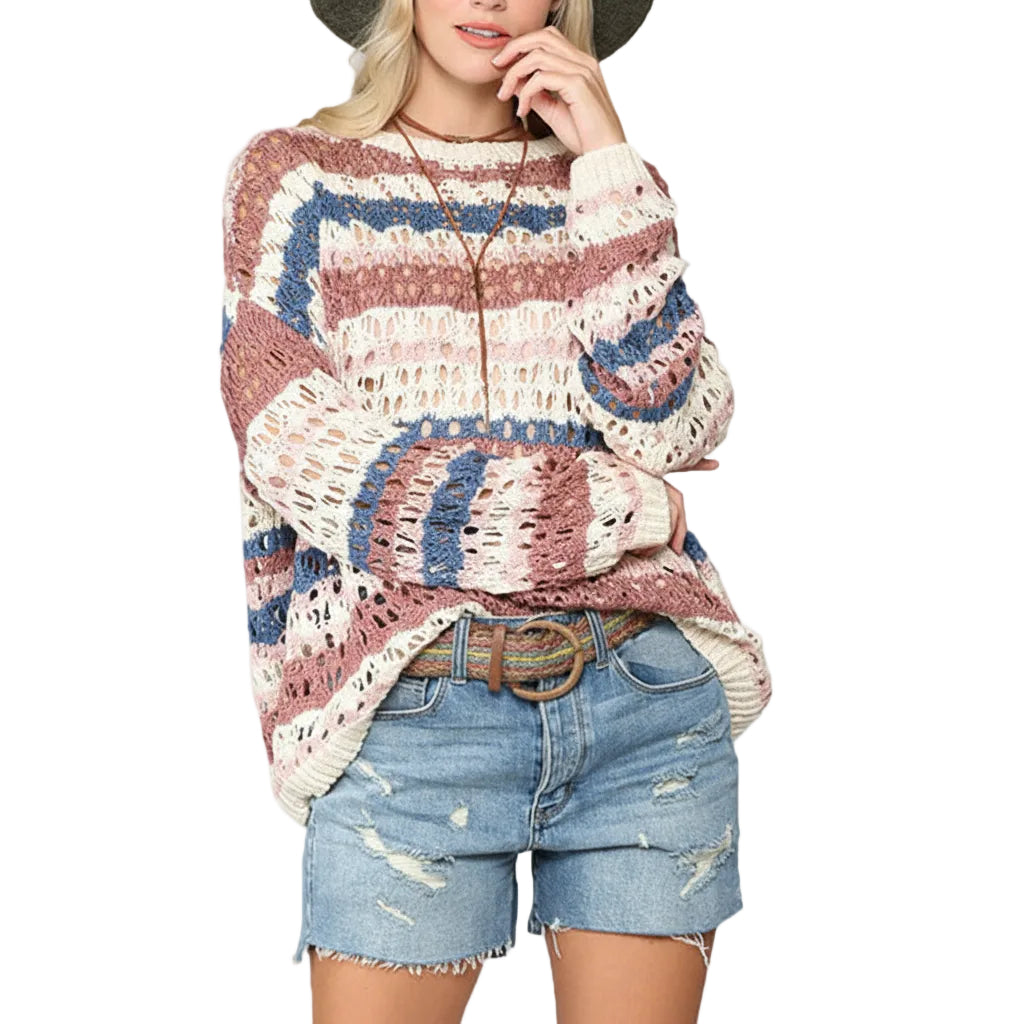Women’s Hollow Stripe Knit Loose Fit Sweater