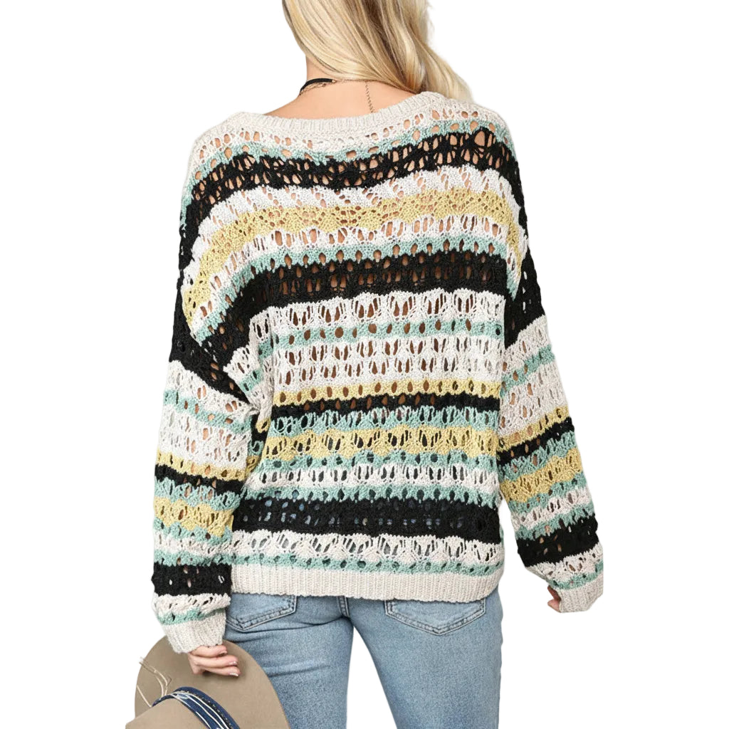 Women’s Hollow Stripe Knit Loose Fit Sweater