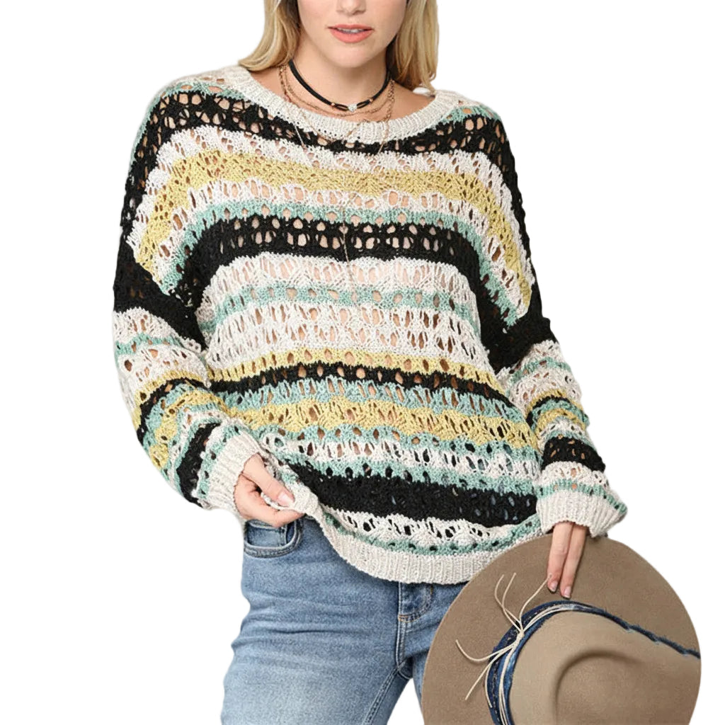 Women’s Hollow Stripe Knit Loose Fit Sweater