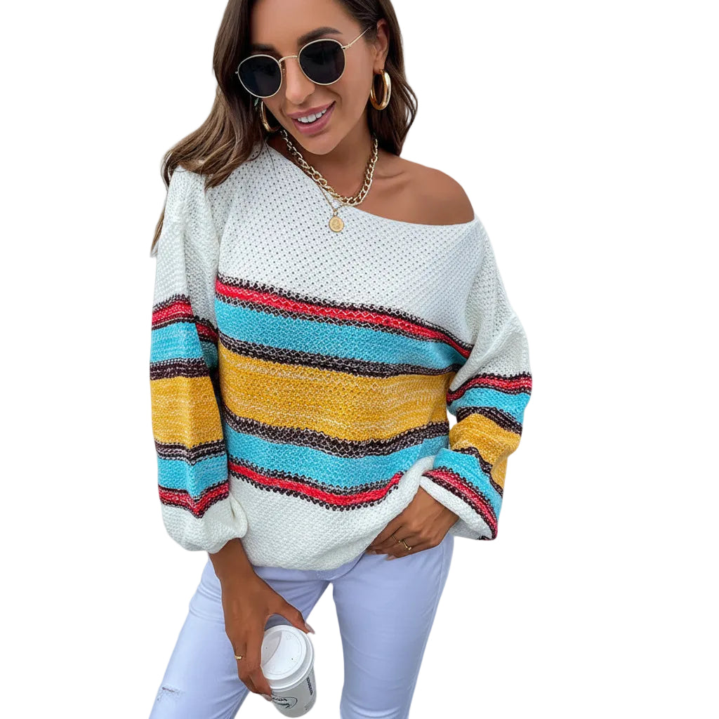 Women’s Rainbow Stripe Off Shoulder Loose Knit Sweater