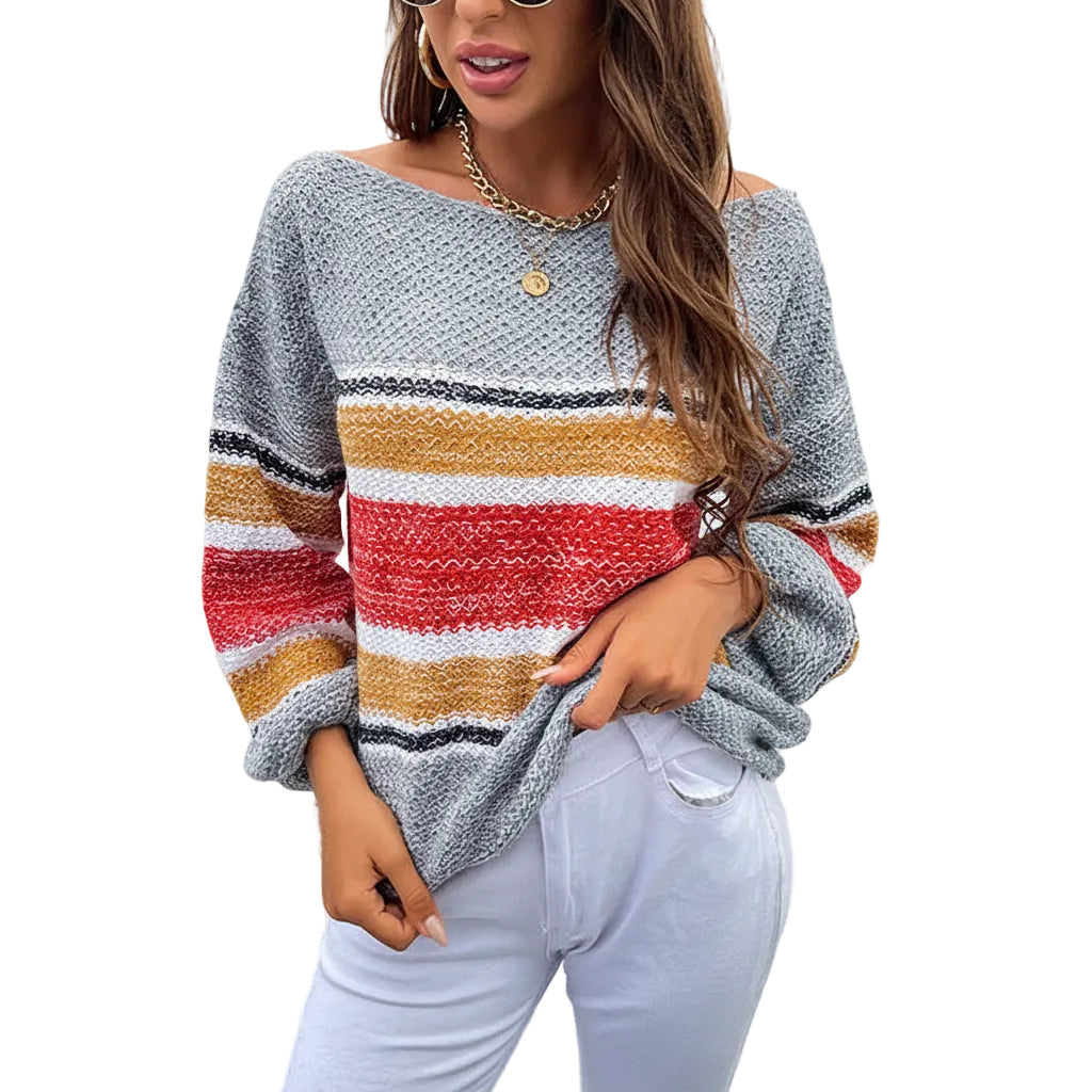 Women’s Rainbow Stripe Off Shoulder Loose Knit Sweater