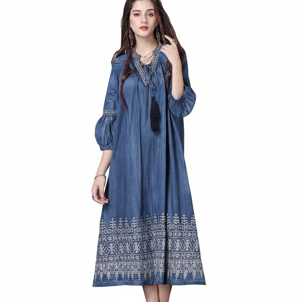 Women’s Vintage Embroidered Loose Fit Denim Midi Dress