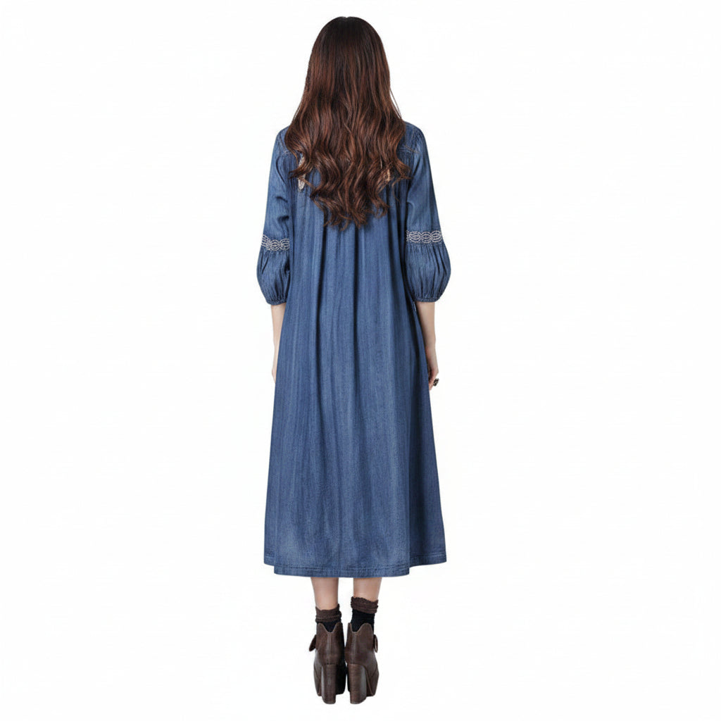 Women’s Vintage Embroidered Loose Fit Denim Midi Dress
