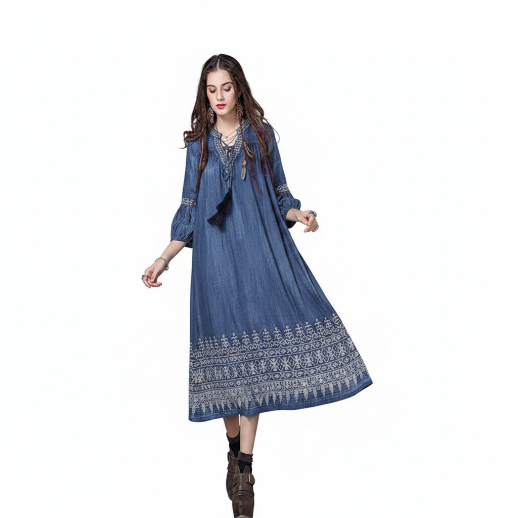 Women’s Vintage Embroidered Loose Fit Denim Midi Dress