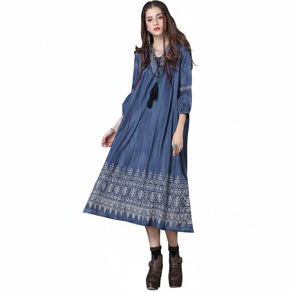Women’s Vintage Embroidered Loose Fit Denim Midi Dress